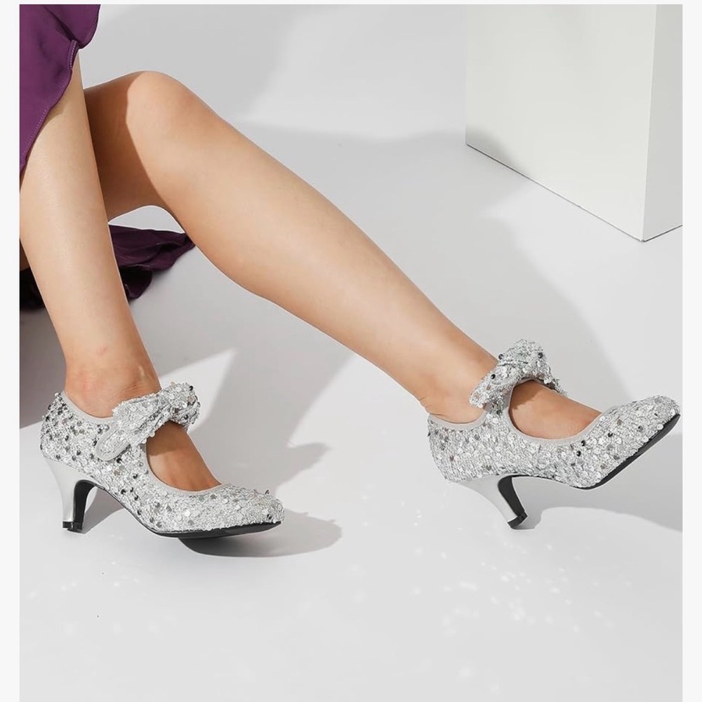 Silver Sequin Mary Jane Heels Glitter Pumps Party Wedding Shoes - Picture 12 of 13